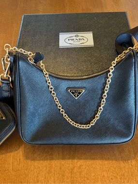 Prada Black Saffiano Shoulder Bag with Gold Chain Detail